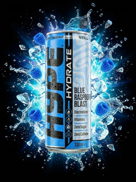 HYPE Hydrate Blue Raspberry Blast still hydration drink in a blue ice splash - sold out